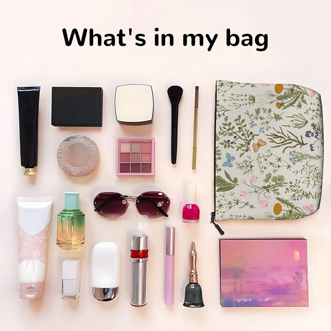 MOLAIGIN Vintage Color Plants Herbs Floral Butterfly Botanical Cosmetic Bag For Women, Travel Makeup Bag, Toiletry Zipper Bag, Large Capacity Aesthetic Cases