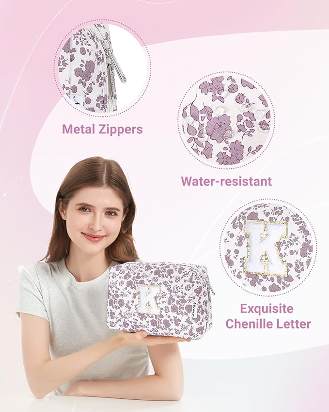 Narwey Birthday Gifts for Teen Girls Kids Women Personalized Initial Floral Makeup Bag Cute Cosmetic Trendy Stuff 6 8 10 11 12 13 14 16 18 Years Old Travel Toiletry Bag (Little Dusty Pink Flower K)