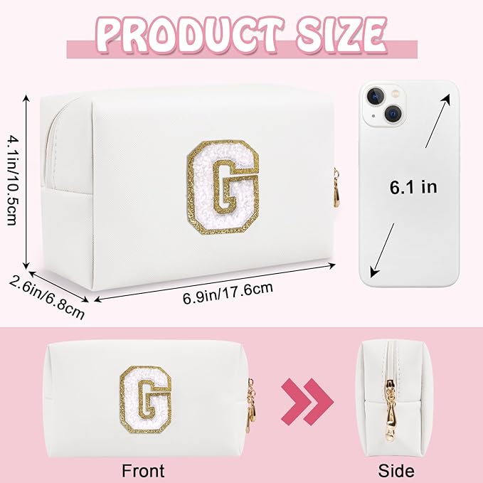 Personalized Initial Preppy Makeup Bag Organizer, Small Travel Cute White Cosmetic Bag Toiletry Zipper Pouch for Women, Portable Waterproof PU Makeup Case for Women Teacher Graduation Gift(Letter G)