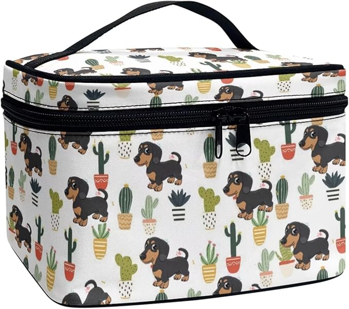 JoyLamoria Cute Dachshund Cactus Makeup Case Portable Cosmetic Bag Toiletry Containers for Women Girls