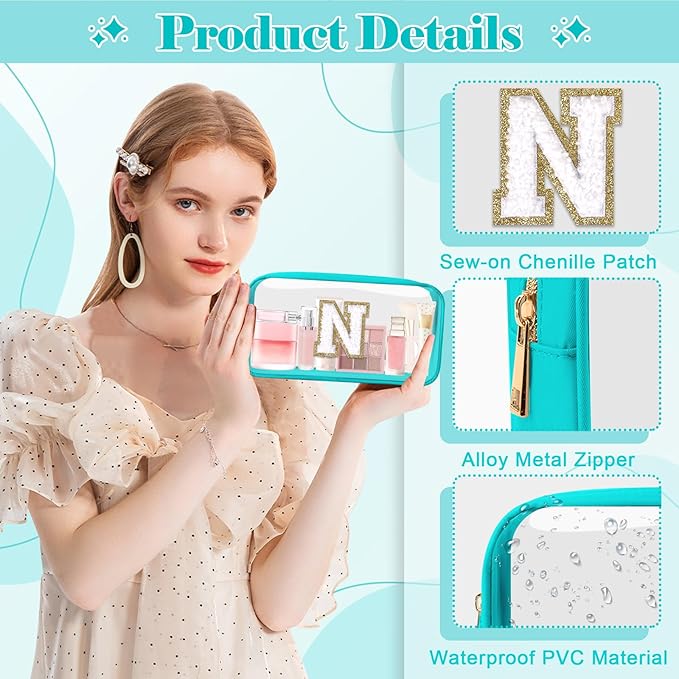 Personalized Initial Letter Clear Makeup Bag,Preppy Small Nylon&PVC Cosmetic Zipper Bag with Chenille Letter,Portable Beach Travel Skincare Toiletry Bag,Trendy Monogram Gift for Teen Girls Women,N
