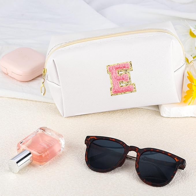 Initial Makeup Bag Personalized Preppy Travel Small Cosmetic Bag Cute PU White Chenille Letter Makeup Pouch for Purse Waterproof Zippered Toiletry Organizer for Women Girls Kids Friends (E)