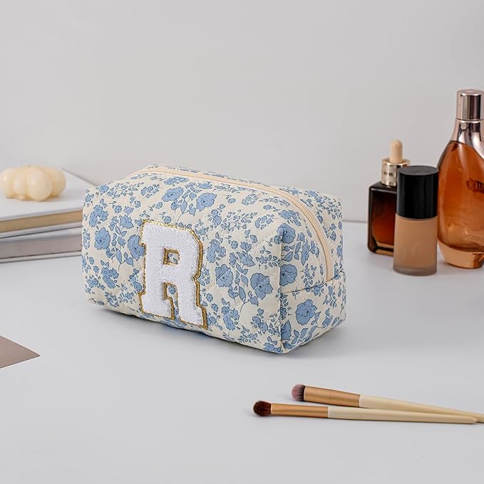 Gleyemor Personalized Initial Makeup Bag for Women, Cute Quilted Blue Floral Cotton Cosmetic Bag, Christmas Gifts for Her Mom Friend Sister Bridesmaid Teacher Women R