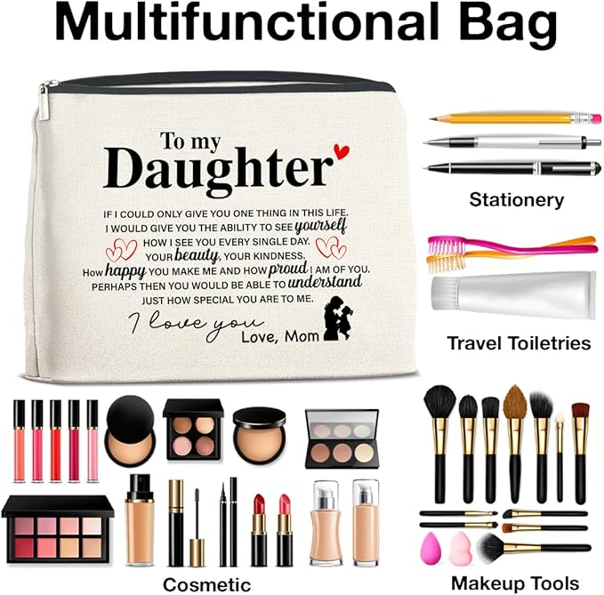 Makeup Bag Daughter Gifts from Mom, Gifts for Daughter Cosmetic Bag Zipper Makeup Pouch Gift for Christmas Birthday Graduation