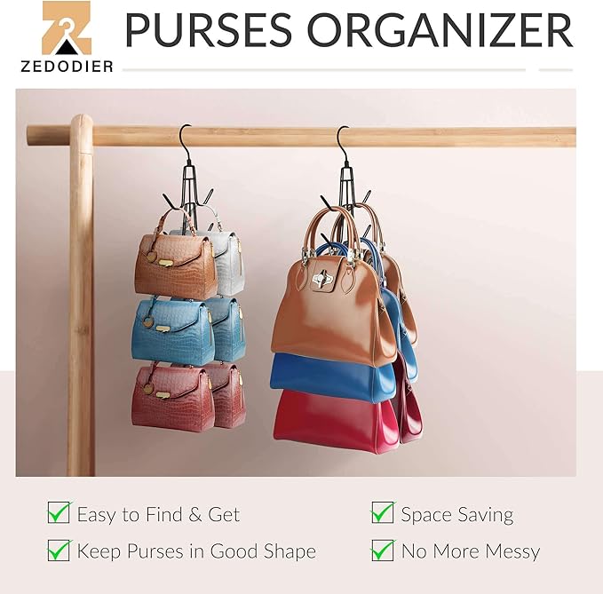 ZEDODIER Purse Organizer for Closet, 3 Pack Rotatable Sturdy Purse Hanger Bag Rack with 18 Hooks, Space Saving Handbag Backpack Holder, Closet Organizers and Storage, Black