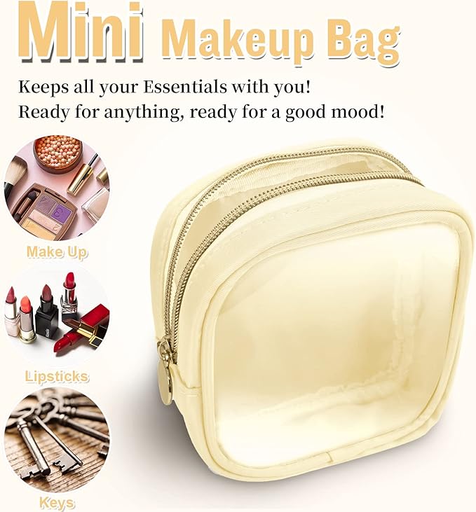 Mini Clear Travel Makeup Organizer Bag for Purse, Small Cute Makeup Bag Preppy Cosmetic Zipper Pouch Purse, Transparent PVC & Nylon Waterproof Coin Pouch Sanitary Napkin Storage Bag for Women(Beige)