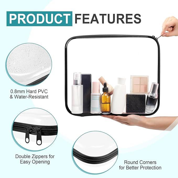 Sanwuta 6 Pcs Clear Hard Zipper Case Hard Plastic Zipper Pouches Makeup Bag Pencil Pouches Transparent Cases for Snacks Plastic Storage Organizer Box for Travel(Black,13.78 x 11.81 x 2 Inch)