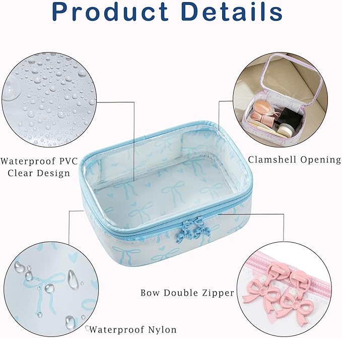 Cute Clear Makeup Bag with Bow Pattern,Transparent Nylon Travel Cosmetic Case with Zipper,Portable Makeup Organizer Pouch for Essentials(02Blue)