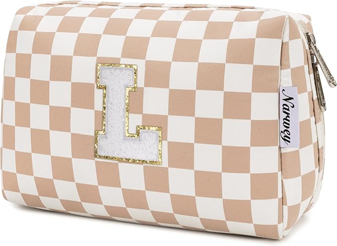 Narwey Birthday Gifts for Women Teen Girls Kids Personalized Initial Checkered Makeup Bag Cute Cosmetic Bag Trendy Stuff 6 8 10 11 12 13 14 16 18 Years Old Travel Toiletry Bag (Brown Checker Letter L)