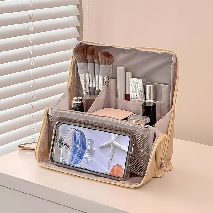 Makeup Bag,Standing Makeup Bag – Portable,Large Capacity Multi-purpose Large Capacity Oxford Cloth Standing Makeupbag Portable, Aterproof,Compartments and Handle (Red)