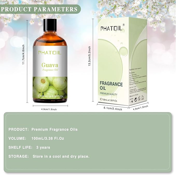 PHATOIL 3.38FL.OZ Guava Fragrance Oils for Aromatherapy, Essential Oils for Diffusers for Home, Perfect for Diffuser, Yoga, Skin Care, DIY Candle and Soap Making - 100ml