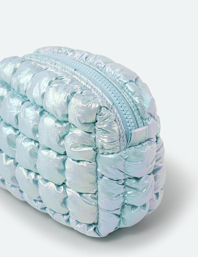Yarnic Quilted Makeup Bag Puffy Cosmetic Bag, Quilt Travel Toiletry Bag Puffer for Women, Cute Makeup Bag Organizer Soft Cosmetic Pouch (Iridescent Blue, S)