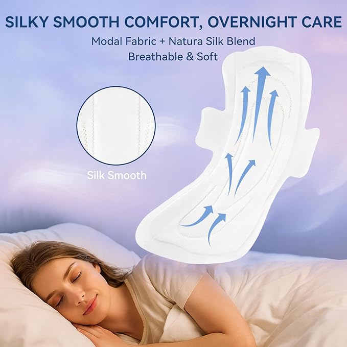MODAL Heavy Flow Pads for Women Overnight, Unscented Sanitary Pads for Period with Wings, 16.5 Inch(420 mm), Extra Heavy Overnight, 4 Count