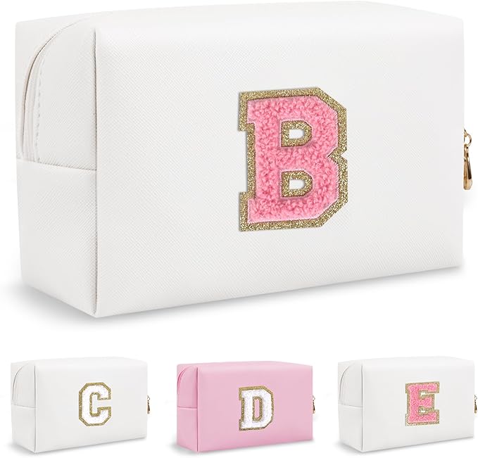 Personalized Initial Travel Preppy Makeup Bag, Small Cute White Cosmetic Pouch Monogram Toiletry Zipper Pouch, Waterproof PU Glitter Make Up Bags Storage Birthday Bridal Shower Women Gift (Letter B)