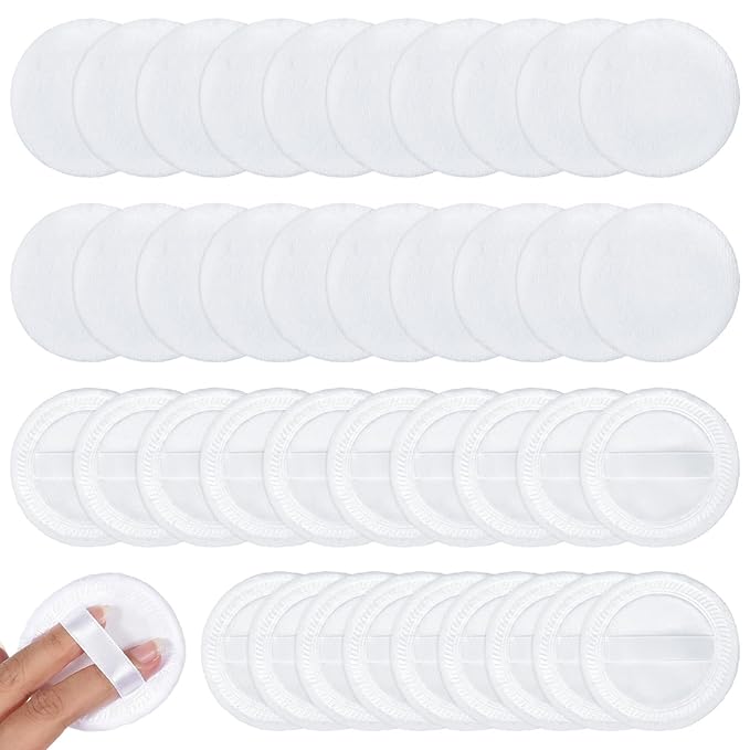 40PCS Cotton Powder Puffs Pure Cotton Soft Washable Loose Powder Puff Makeup Puffs for Powders Foundation with Ribbon 2.36 Inch Round Makeup Dusting Powders Puff for Loose Body Wet Dry