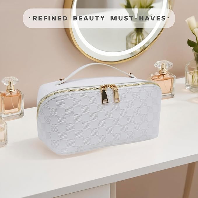 Travel Makeup Bag – Large Cosmetic Organizer with Waterproof PU Leather, Smooth Double Zipper & Tear-Resistant Lining, Toiletry Pouch for Women (Grey)
