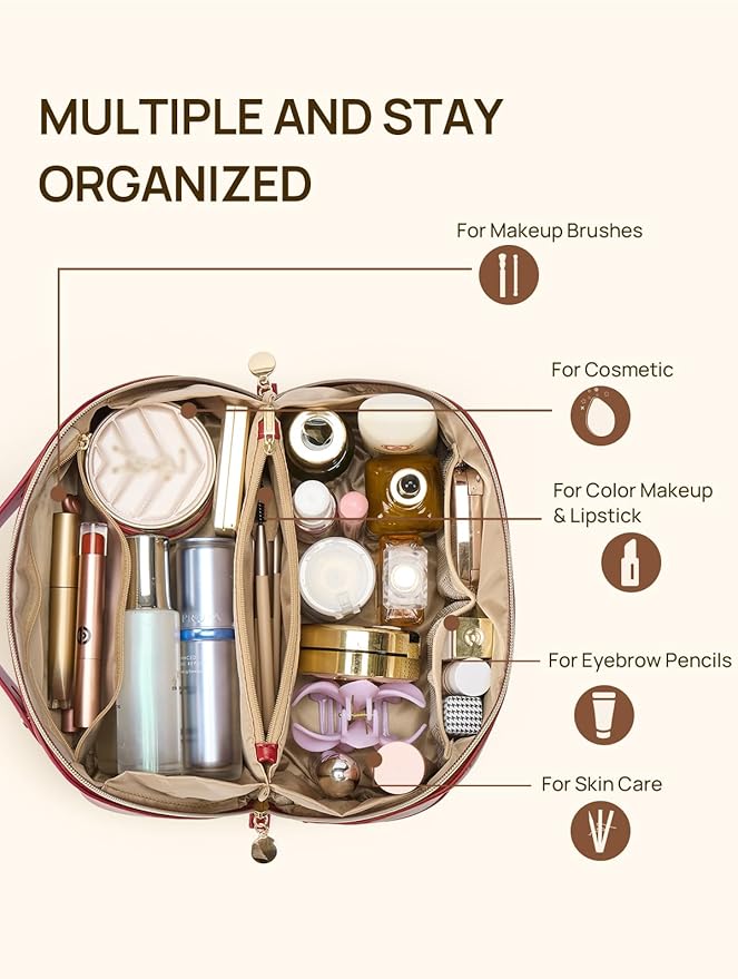 Telena Leather Make Up Bag Portable Travel Makeup Bag Waterproof Cosmetic Bags for Women Large Capacity With Handle and Divider Open Flat
