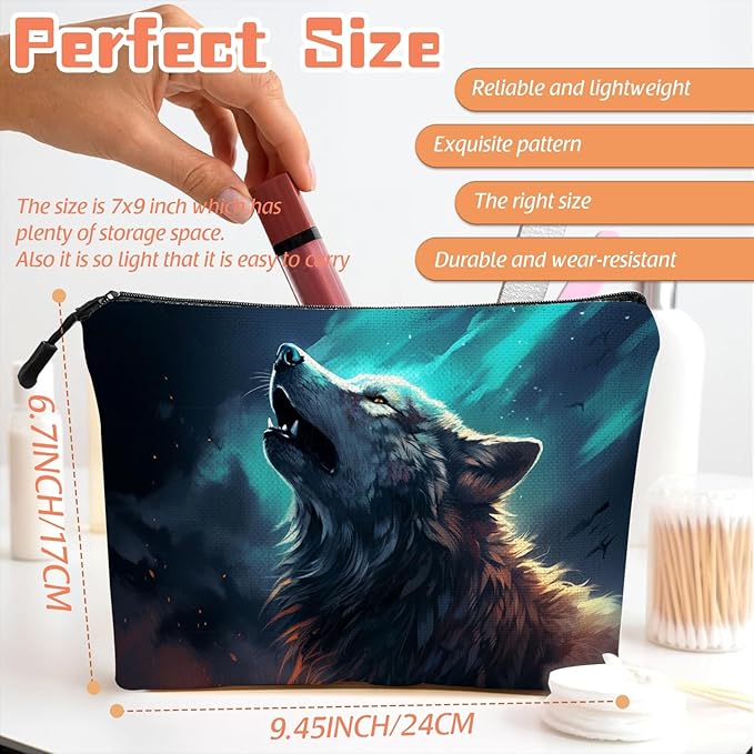 Cosmetic Bags Travel Makeup Toilet Case Waterproof Pouch for Women Girls 6.7X9.45inches - Wolf Howling Against A Mysterious Night Sky