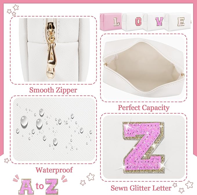 Initial Letter Patch Makeup Bag, Preppy Glitter Pouch Cosmetic Bag, Small PU Travel Toiletry Bag Zipper, Personalized Monogrammed Gift for Friends, Sisters & Teens (Letter Z)