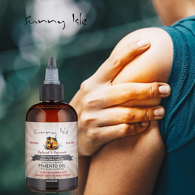 Sunny Isle Jamaican Organic Pimento Oil with Black Castor Oil 4oz | Formulated to Nourish the Scalp, Condition and Strengthen Hair | Traditional Body Rub for Muscle Pain