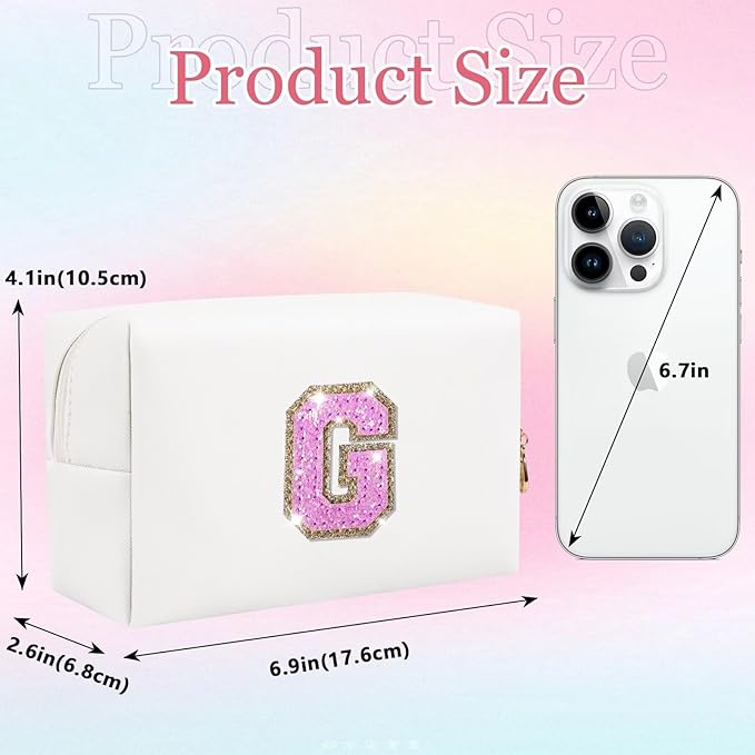 Glitter Initial Letter Makeup Bag, Small Personalized Sequins Letters PU Leather Cosmetic Bag Portable Waterproof Makeup Zipper Pouch, Shine Handbag Organizer Travel Bag Gifts for Women&Girls(White-G)