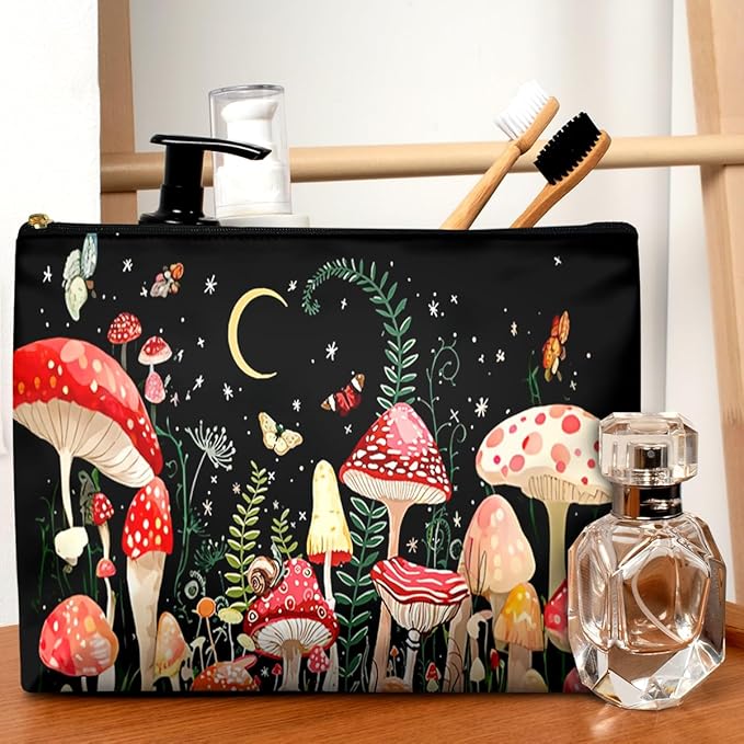 Cute Makeup Bag for Purse Waterproof Cosmetic Bags for Women Funny Smooth Zipper Travel Toiletry Pouch 10X8 Inches-Mushroon Makeup pouch