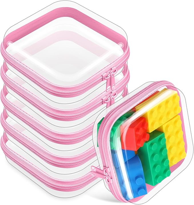 Sanwuta 6 Pcs Clear Hard Zipper Case Hard Plastic Zipper Pouches Makeup Bag Pencil Pouches Transparent Cases for Snacks Plastic Storage Organizer Box for Travel(Pink,5 x 5 x 2 Inch)