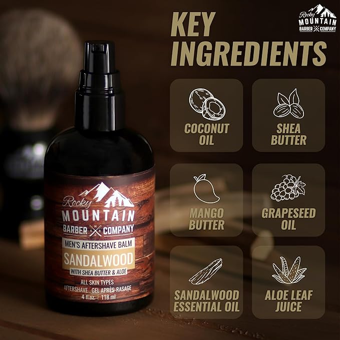 Rocky Mountain Barber Company Aftershave Balm for Men – with Sandalwood Essential Oil, Coconut Oil and Shea Butter – Applies Easily - 4 oz