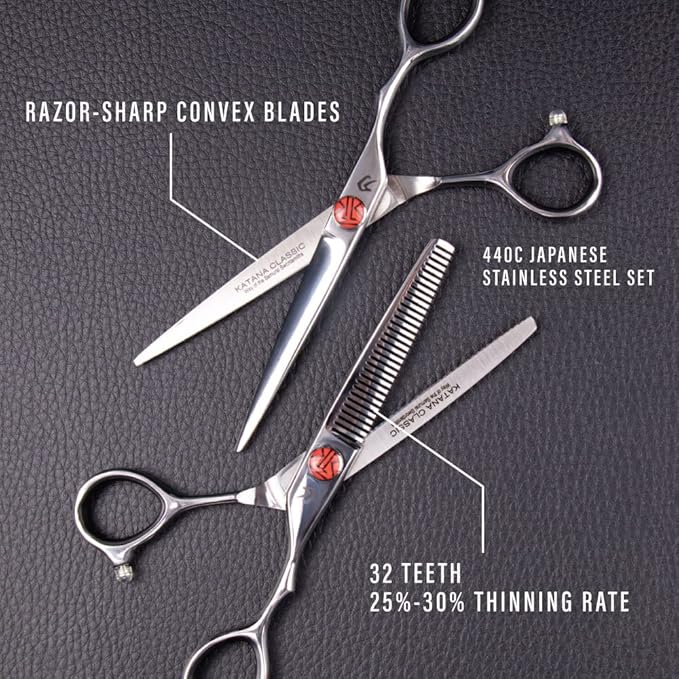 Katana Classic Professional 6.5" Shear Set by Tokko Shears, Premium 440C Japanese Steel Regular and Thinning Scissors for Barbers and Salon Professionals