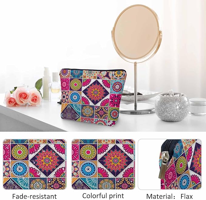Women Makeup Organizer Bag Mandala Floral, Colorful Ethnic Mandala Flower Patchwork Flax Cosmetic Bag Makeup Bags Toiletry Bag Accessories Organizer Travel Bags For Home Bathroom Office Hotel