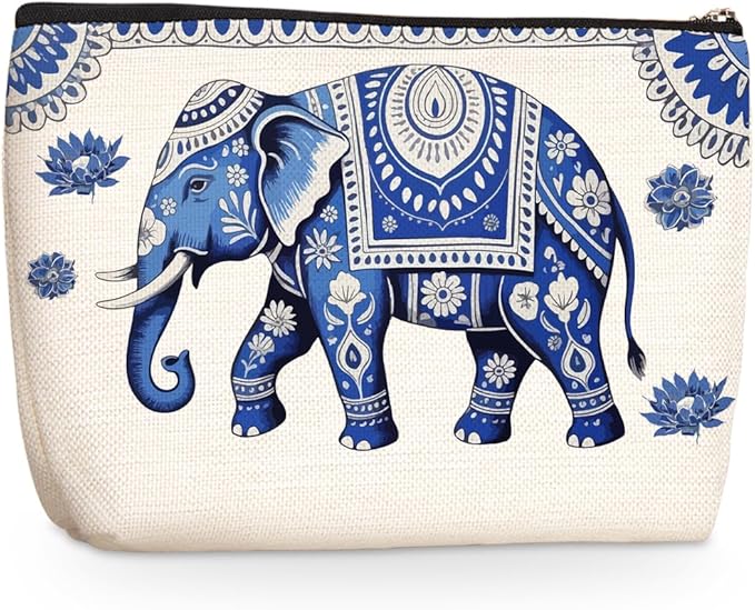 Wenboco Blue Elephant Makeup Bag, Cute Travel Makeup Case Cosmetic Bags for Women, Portable Pouch Purse Travel Essentials Toiletries Accessories, Christmas Birthday Gifts for Women, Elephant Gifts