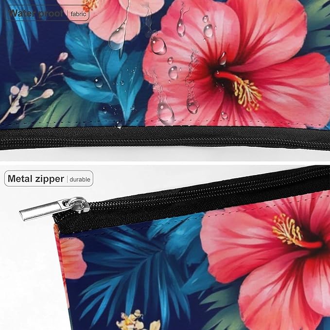 Travel Cosmetic Bag, Large Makeup Case, Toiletry Bag, Personality Fashion Zipper Cosmetic Case Tropical Hawaiian Colorful Hibiscus Flowers