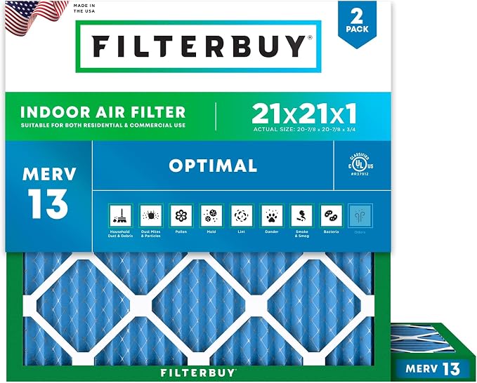 Filterbuy 21x21x1 Air Filter MERV 13 Optimal Smoke & Allergy Defense, by Filterbuy