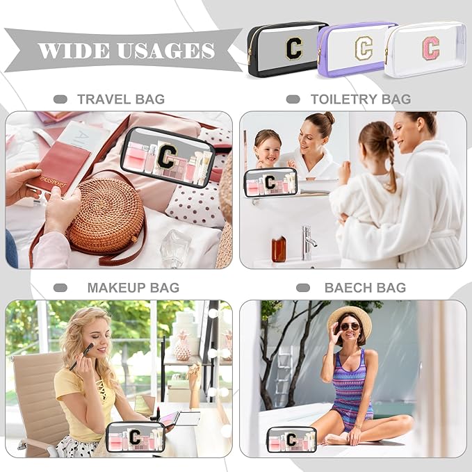 Personalized Initial Letter Clear Makeup Bag,Preppy Small Nylon&PVC Cosmetic Zipper Bag with Chenille Letter,Travel Skincare Toiletry Bag,Monogram Christmas Gift for Teen Girls Women,C