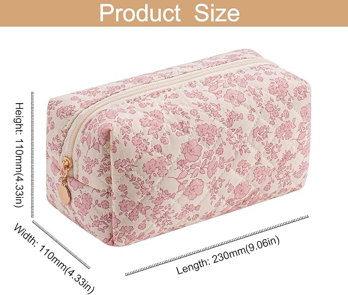 Cute Square Floral Cotton Makeup Cosmetic Bag for Women Girls, Travel Quilted Zipper Make Up Bag, Square Flowers Organizer Case Kawaii Makeup Cosmetic Travel Cloth Pouch (Pink Floral)