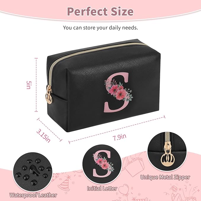 Personalized Initial Makeup Bag, Birthday Gifts for Women and Girls, Small Makeup Pouch Travel Toiletry Bag, Make Up Organizer Bag Gift Trendy Stuff for Friend Mom Teacher, Black