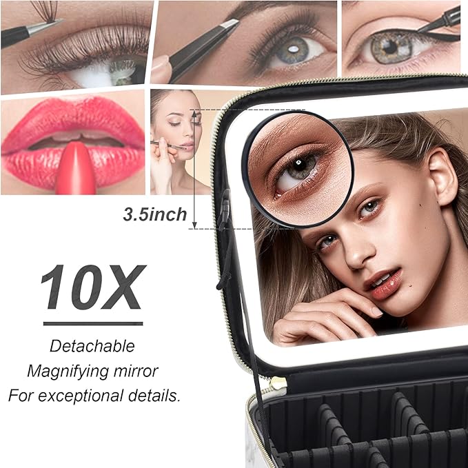 Makeup Bag with Mirror and Light, Makeup Case with Lighted Mirror, Travel Makeup Bag with Light up Mirror 3 Color Lights, Makeup Organizer Bag with Adjustable Dividers & Brush Holder(Marble)