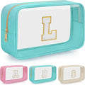 Personalized Initial Clear Makeup Bag, Travel Chenille Patch Cosmetic Bag, Preppy Toiletry Bag Monogram Cosmetic Pouch with Zipper, Ideal Gift for Teen Girls Women (Clear-Green, L)