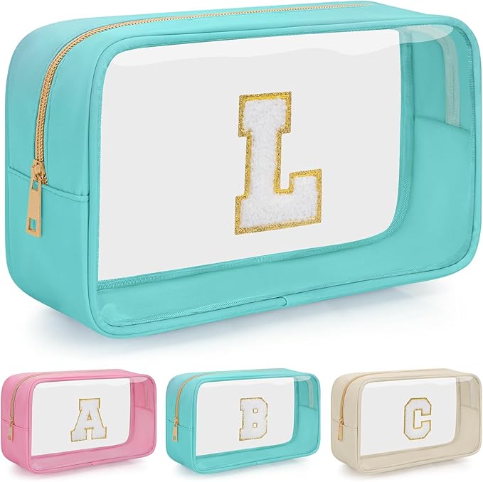 Personalized Initial Clear Makeup Bag, Travel Chenille Patch Cosmetic Bag, Preppy Toiletry Bag Monogram Cosmetic Pouch with Zipper, Ideal Gift for Teen Girls Women (Clear-Green, L)