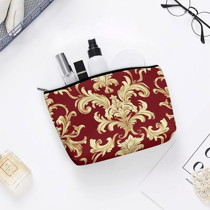 Fashion Zipper Cosmetic Case, Portable Makeup Case, Personality Toiletry Bag, Travel Cosmetic Toiletry Bag Flower Red Gold Floral Classy Burgundy Antique