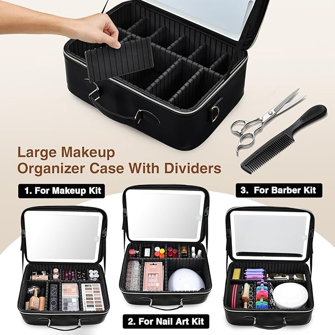 Large Makeup Bag with LED Mirror,Travel Cosmetic Train Case for Makeup Artists,Makeup Organizer Case with Divider Rechargeable Vanity Mirror with 3 Color Lights for Barber,MUA,Nail Tech, Black
