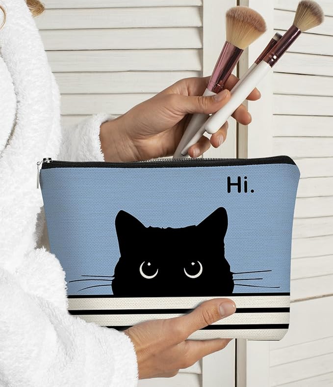 Cute Makeup Bag, Black Cat Cosmetic Pouch, Cat Gifts for Women, Camel-1