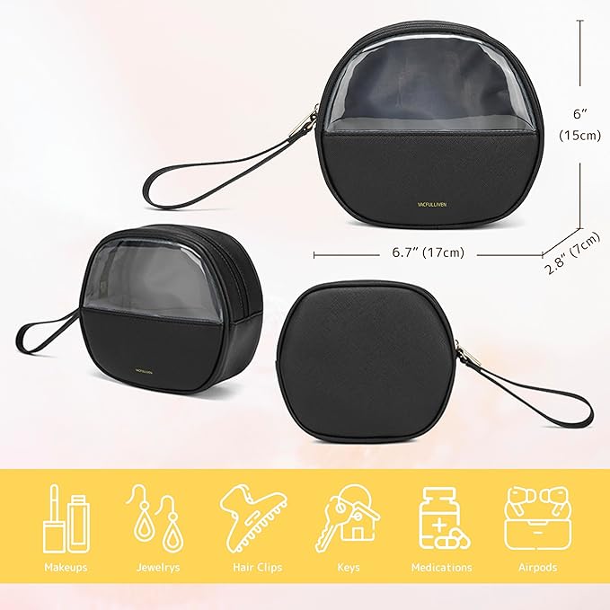 Clear Makeup Bag for Travel, Mini Waterproof Cosmetic Organizer with Zipper, Portable Transparent Toiletry Bag for Women & Men (6.7x6 Inch) - Fits Makeup, Skincare, Jewelry (Black)
