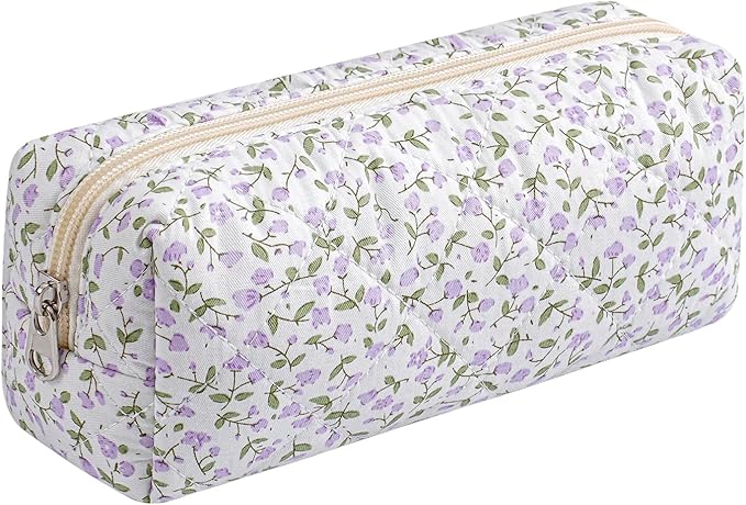 Cute Floral Cotton Makeup Brush Cosmetic Bag for Women, Travel Quilted Zipper Make Up Bag, Flowers Toiletry Organizer Case Kawaii Makeup Cosmetic Travel Cloth Pouch (Purple Floral)