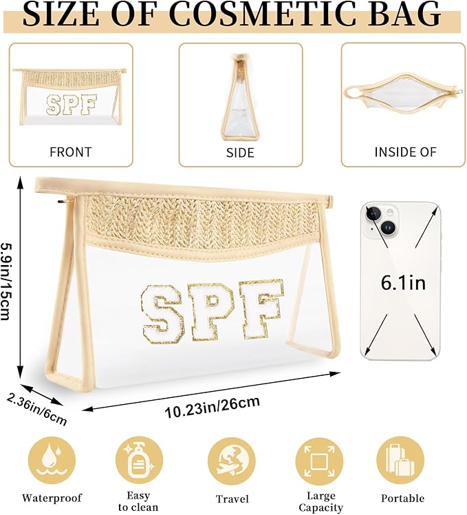 Small Boho Straw Clear Spf Makeup Bags for Women&Girls, Zipper Cosmetic Bag Chenille Varsity Letter Patch Bag, Preppy Cute Toiletry Pouch, Trendy Organizer Storage Bag for Beach Travel Essentials