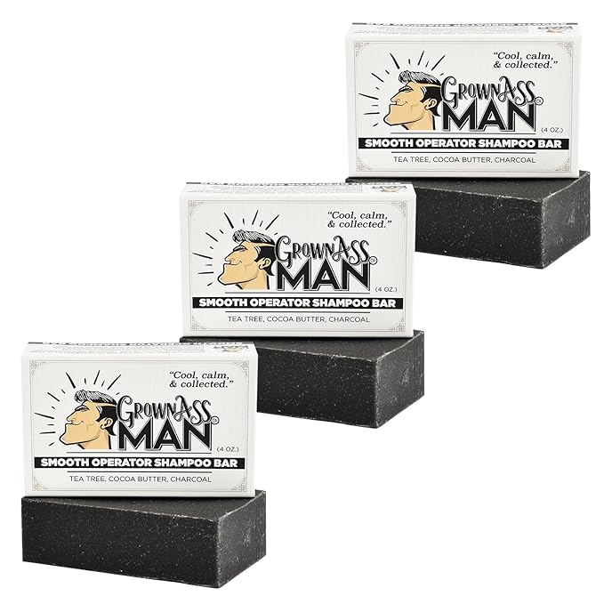 Grown Ass Man Co. - Solid Shampoo Bar Rich Lather 3 in 1: Hair, Beard & Body Wash - Plastic Free & Eco-Friendly, Natural & Organic Clean for All Hair Types, 4oz Bar (Smooth Operator, 3-Pack)