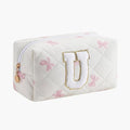 Gleyemor Personalized Initial Makeup Bag for Women, Cute Quilted Pink Floral Cotton Cosmetic Bag, Christmas Gifts for Her Mom Friend Sister Bridesmaid Teacher Women U