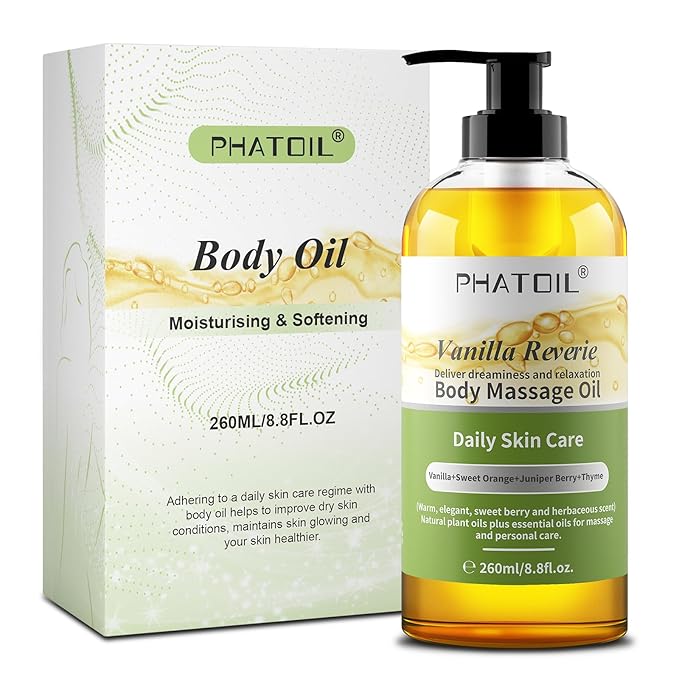 PHATOIL Vanilla Body Oil with Sweet Orange, Juniper Berry and Thyme Essential Oils, Premium Scented Body Oil for Moisturizing Skin, Massage Oil for Women Men After Shower - 8.8 FL.OZ(260ML)