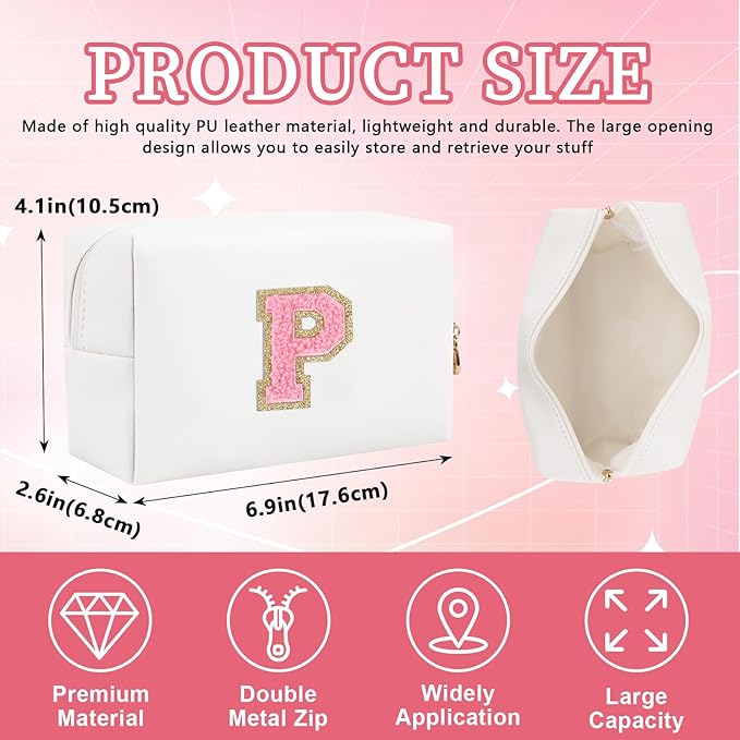 Personalized Initial Letter Patch Makeup Bag, Preppy Portable Chenille Cosmetic Bag with Zipper, PU Leather Waterproof Travel Toiletry Bag Monogram Make Up Pouch for Women Girls