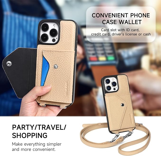 LUCKYCOIN Crossbody Wallet Phone Case for iPhone 15 Pro Max,100% Genuine Leather Wallet Phone Case with Expandable Flip Card Holder,Phone Purse for Women with Adjustable Removable Strap - Pebble Beige